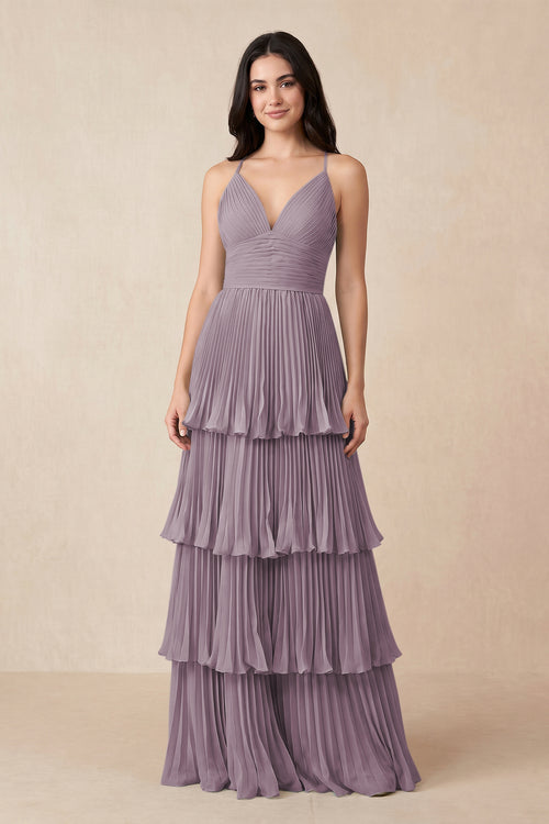 Dusk Tiered Pleated V-Neck A-Line Chiffon Bridesmaid Dress | KISSBRIDAL