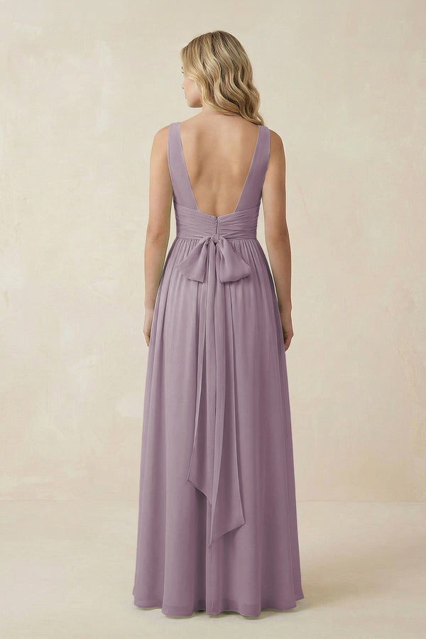 Dusk V-Neck A-Line Bridesmaid Dress with Back Bow (2) | KISSBRIDAL