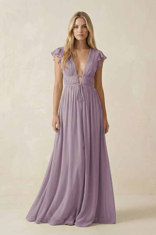 Dusk V-Neck A-Line Chiffon Cap Sleeves Bridesmaid Dress | KISSBRIDAL