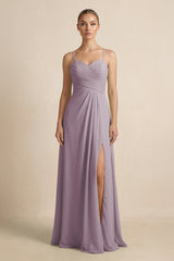 Dusk V-Neck A-Line Chiffon Pleated Bridesmaid Dress | KISSBRIDAL