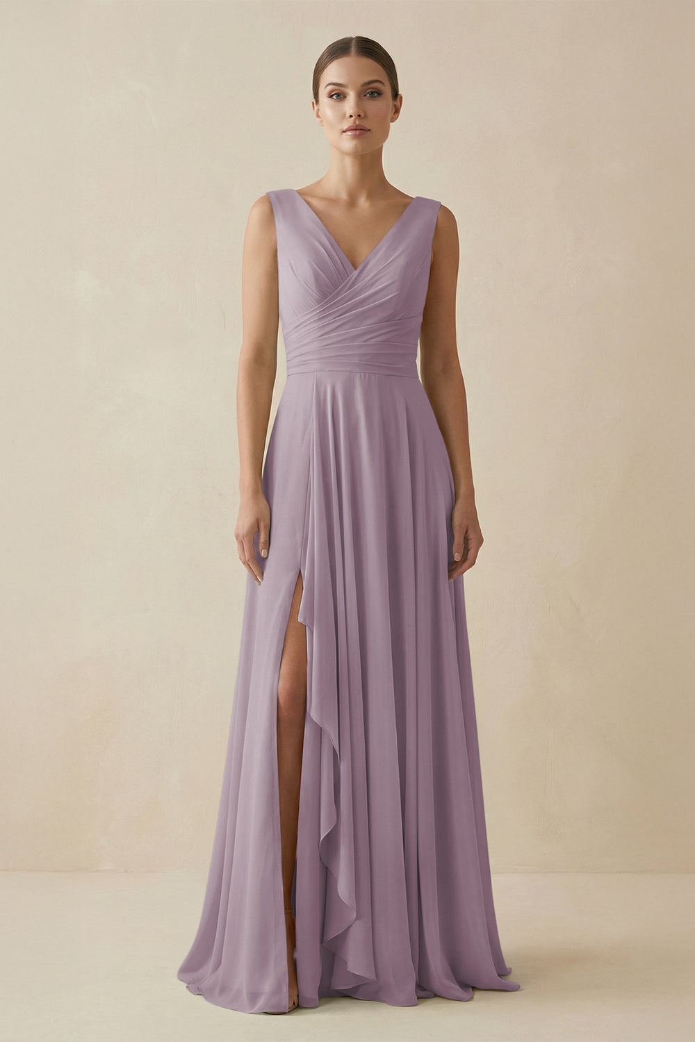 V-Neck A-Line Chiffon Ruffled Bridesmaid Dress in Dusk