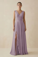 Dusk V-Neck A-Line Chiffon Ruffled Bridesmaid Dress | KISSBRIDAL