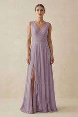 Dusk V-Neck A-Line Chiffon Ruffled Bridesmaid Dress | KISSBRIDAL