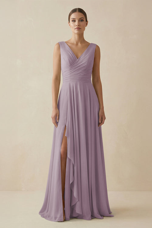 Dusk V-Neck A-Line Chiffon Ruffled Bridesmaid Dress | KISSBRIDAL