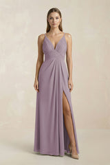 Dusk V-Neck A-Line Pleated Chiffon Bridesmaid Dress | KISSBRIDAL