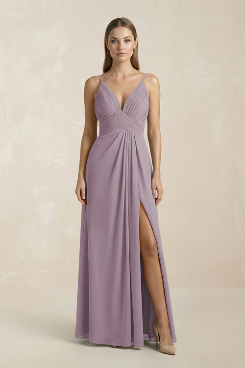 Dusk V-Neck A-Line Pleated Chiffon Bridesmaid Dress | KISSBRIDAL