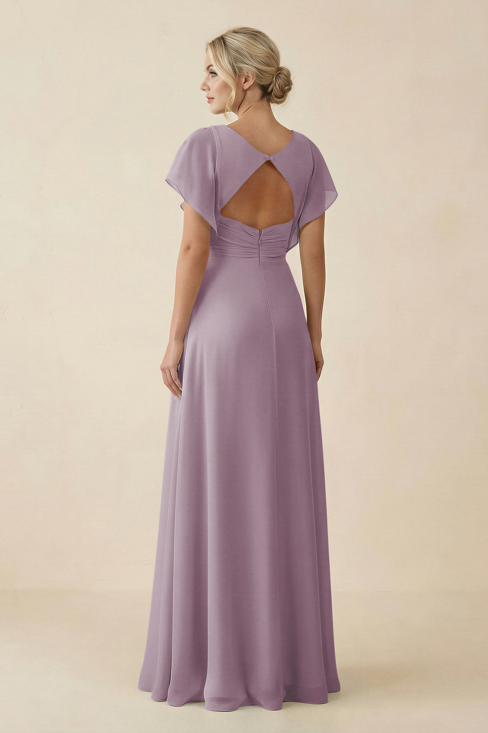 V-Neck Cap Sleeve Chiffon Bridesmaid Dress with Cut-out Back in Dusk