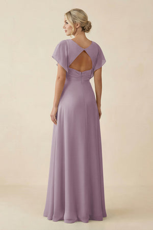 Dusk V-Neck Cap Sleeve Chiffon Bridesmaid Dress with Cut-out Back (2) | KISSBRIDAL