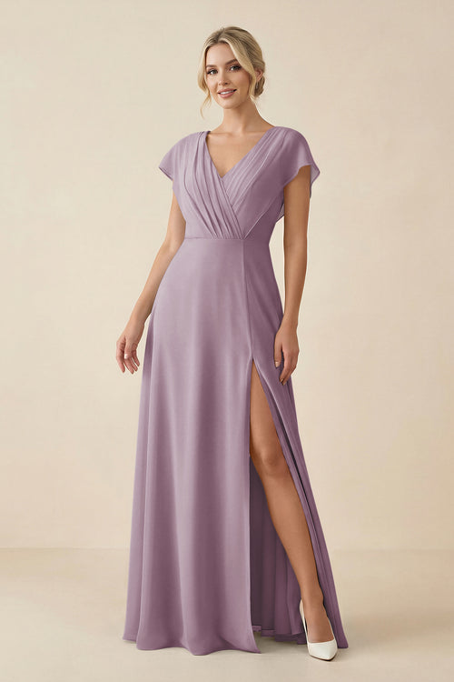 Dusk V-Neck Cap Sleeve Chiffon Bridesmaid Dress with Cut-out Back | KISSBRIDAL