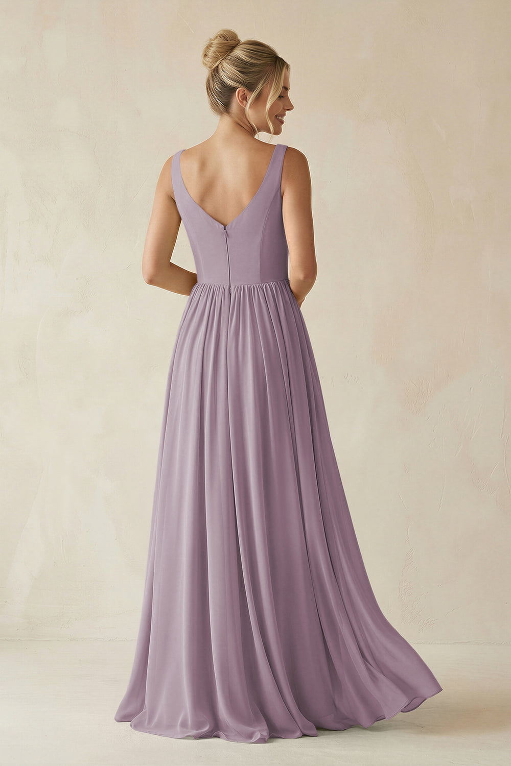 V-Neck Chiffon A-Line Long Bridesmaid Dress in Dusk