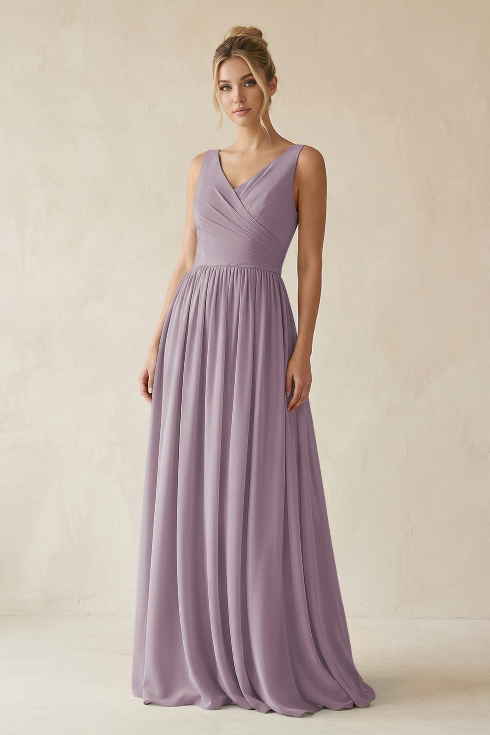 V-Neck Chiffon A-Line Long Bridesmaid Dress in Dusk