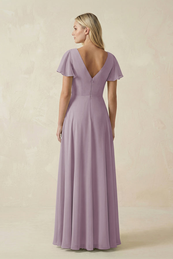 Dusk V-Neck Flutter Sleeve A-Line Chiffon Bridesmaid Dress (2) | KISSBRIDAL