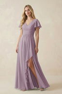 Dusk V-Neck Flutter Sleeve A-Line Chiffon Bridesmaid Dress | KISSBRIDAL