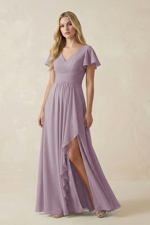 Dusk V-Neck Flutter Sleeve A-Line Chiffon Bridesmaid Dress | KISSBRIDAL