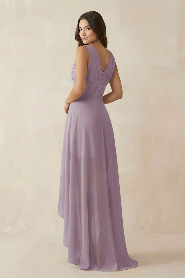 Dusk V-Neck High-Low Chiffon Bridesmaid Dress (2) | KISSBRIDAL