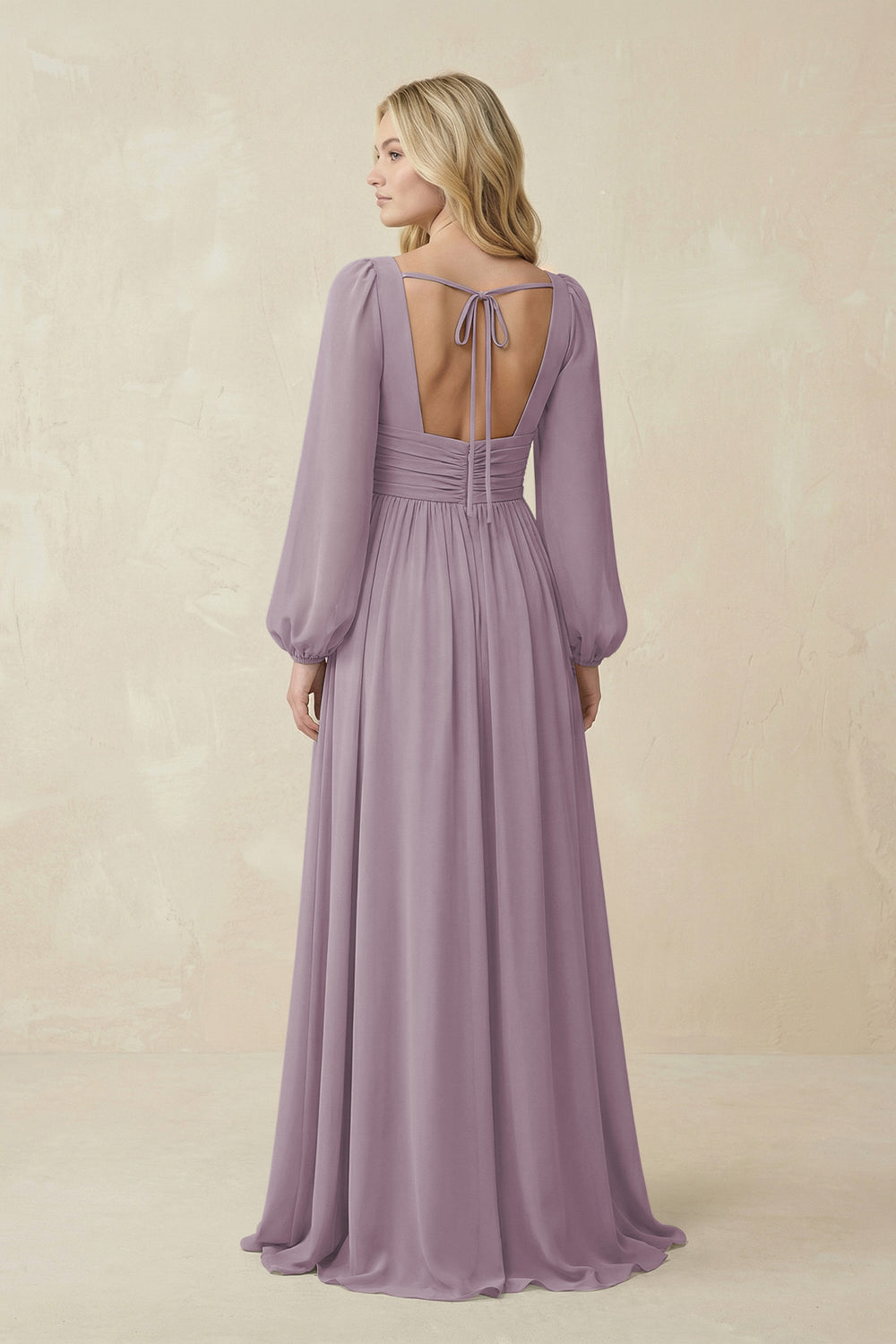 V-Neck Long Sleeve A-Line Chiffon Bridesmaid Dress in Dusk