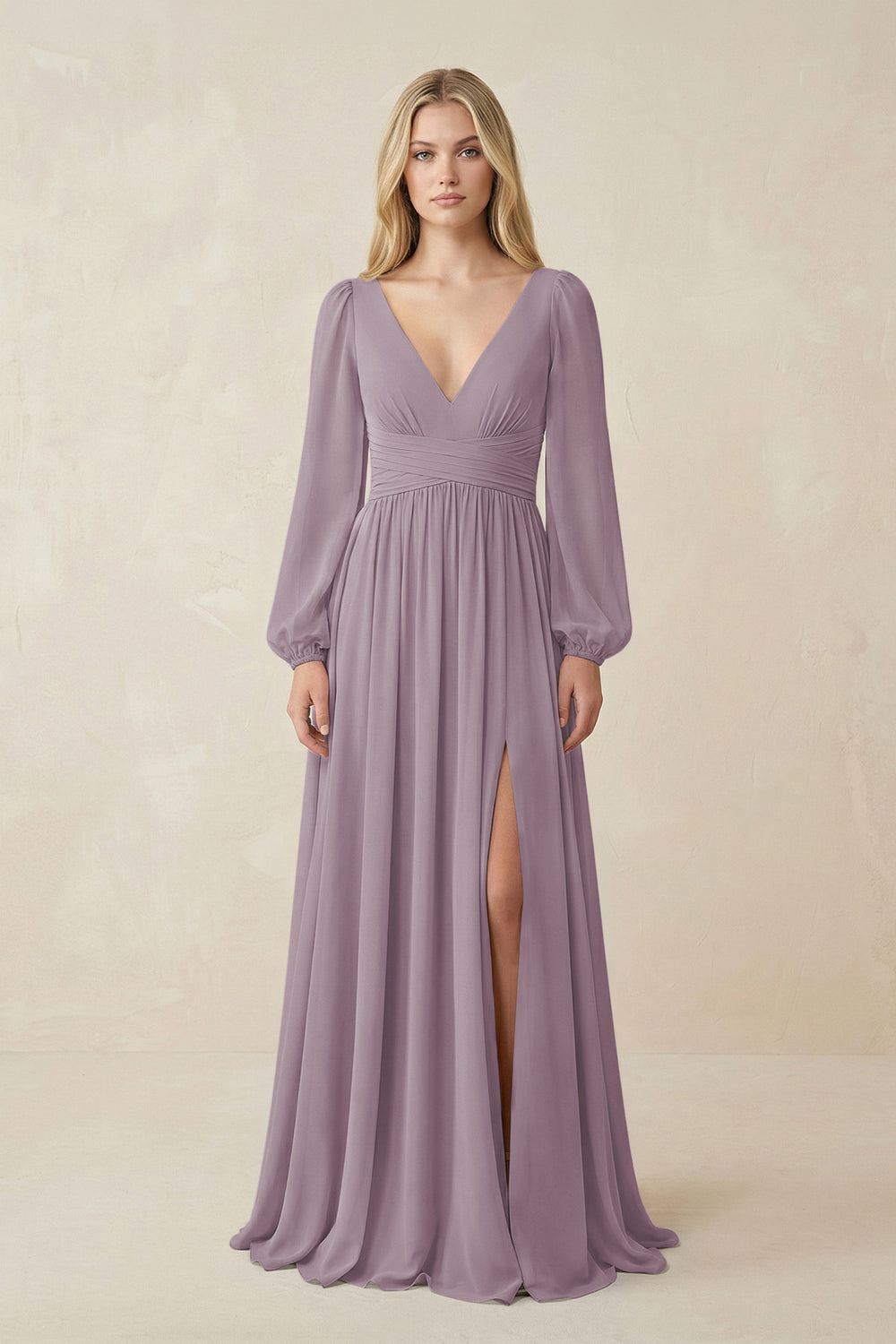 V-Neck Long Sleeve A-Line Chiffon Bridesmaid Dress in Dusk