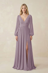 Dusk V-Neck Long Sleeve A-Line Chiffon Bridesmaid Dress | KISSBRIDAL