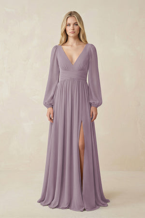 Dusk V-Neck Long Sleeve A-Line Chiffon Bridesmaid Dress | KISSBRIDAL