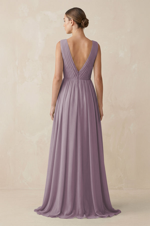 Dusk V-Neck Pleated A-Line Chiffon Bridesmaid Dress (2) | KISSBRIDAL