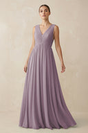 Dusk V-Neck Pleated A-Line Chiffon Bridesmaid Dress | KISSBRIDAL