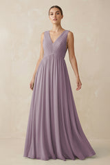 Dusk V-Neck Pleated A-Line Chiffon Bridesmaid Dress | KISSBRIDAL