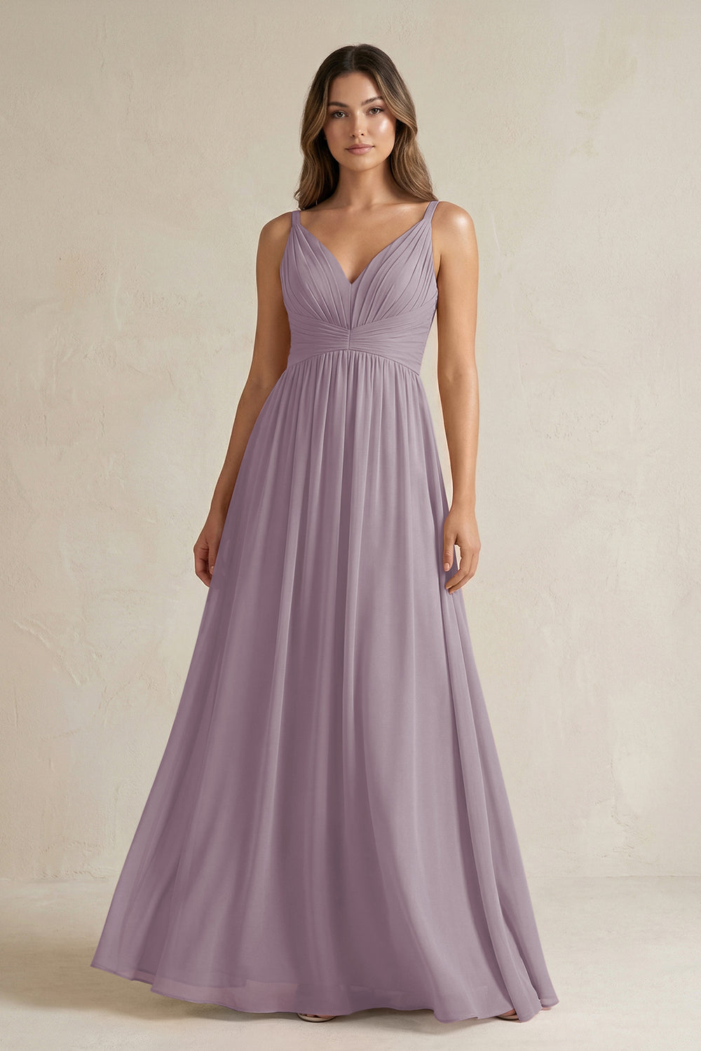 V-Neck Pleated A-Line Chiffon Bridesmaid Dress in Dusk