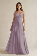 Dusk V-Neck Pleated A-Line Chiffon Bridesmaid Dress | KISSBRIDAL
