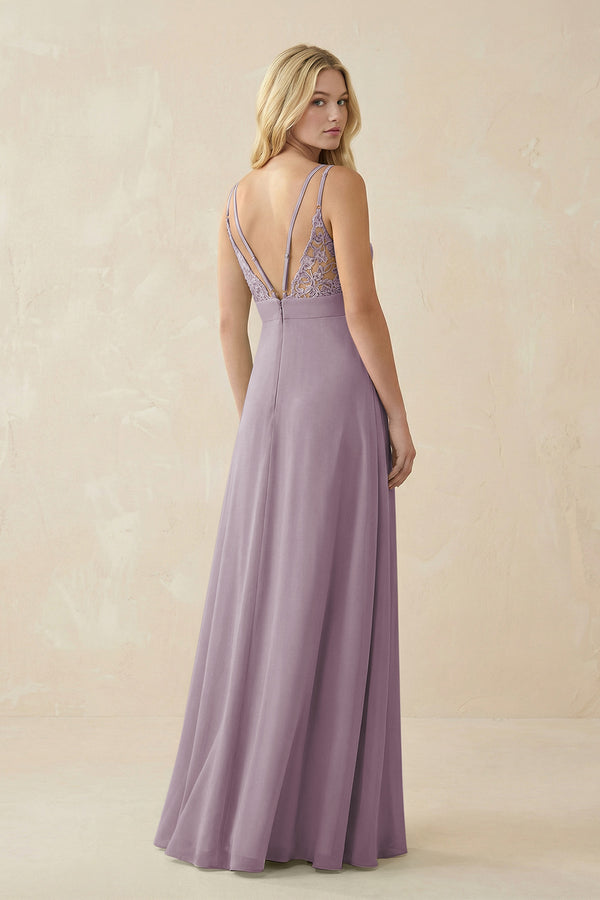 Dusk V-Neck Ruched Chiffon Bridesmaid Dress with Slit (2) | KISSBRIDAL