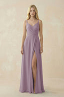 Dusk V-Neck Ruched Chiffon Bridesmaid Dress with Slit | KISSBRIDAL