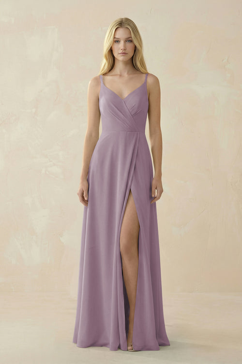 Dusk V-Neck Ruched Chiffon Bridesmaid Dress with Slit | KISSBRIDAL