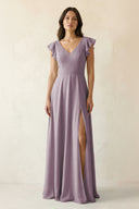 Dusk V-Neck Ruffled A-Line Chiffon Bridesmaid Dress | KISSBRIDAL