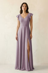 Dusk V-Neck Ruffled A-Line Chiffon Bridesmaid Dress | KISSBRIDAL