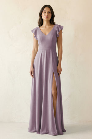 Dusk V-Neck Ruffled A-Line Chiffon Bridesmaid Dress | KISSBRIDAL
