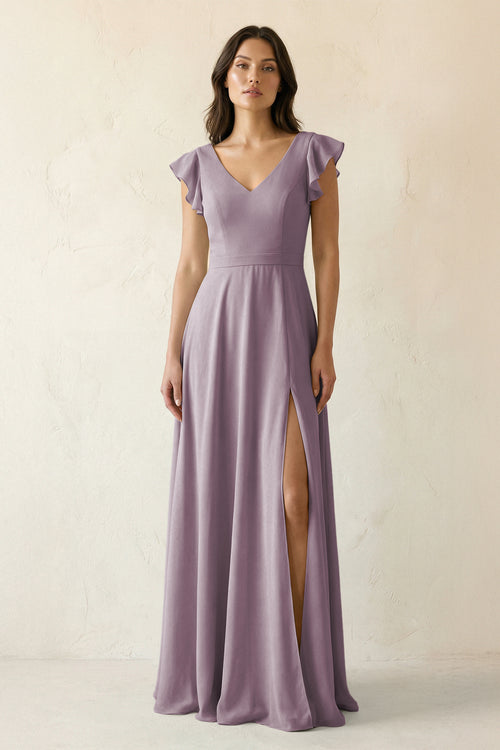 Dusk V-Neck Ruffled A-Line Chiffon Bridesmaid Dress | KISSBRIDAL