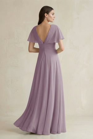 Dusk V-Neck Ruffled Sleeve A-Line Chiffon Bridesmaid Dress (2) | KISSBRIDAL