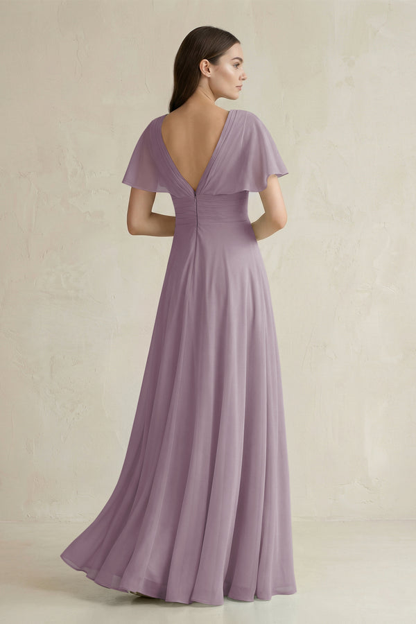 Dusk V-Neck Ruffled Sleeve A-Line Chiffon Bridesmaid Dress (2) | KISSBRIDAL