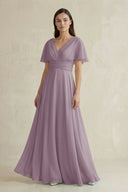 Dusk V-Neck Ruffled Sleeve A-Line Chiffon Bridesmaid Dress | KISSBRIDAL