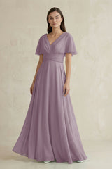 Dusk V-Neck Ruffled Sleeve A-Line Chiffon Bridesmaid Dress | KISSBRIDAL