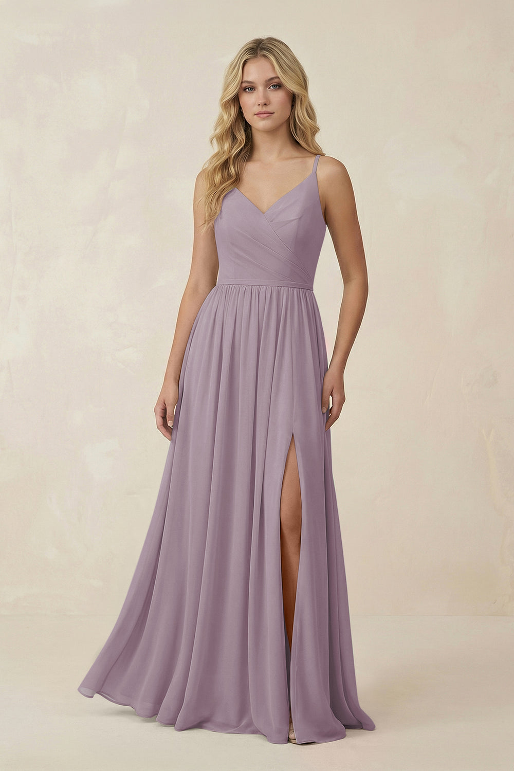 V-Neck Spaghetti Strap A-Line Chiffon Bridesmaid Dress in Dusk