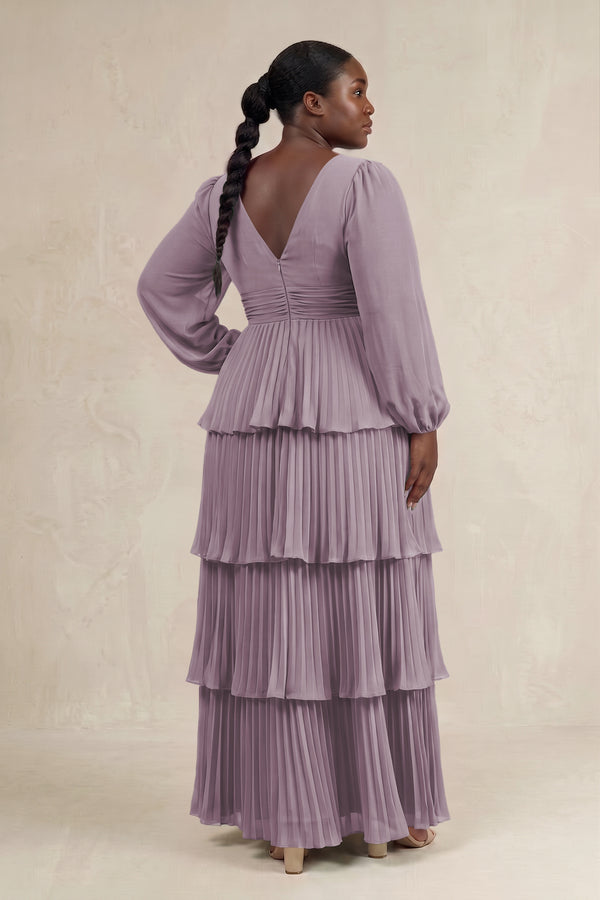 Dusk V-Neck Tiered A-Line Long Sleeve Bridesmaid Dress (2) [sizeplus] | KISSBRIDAL