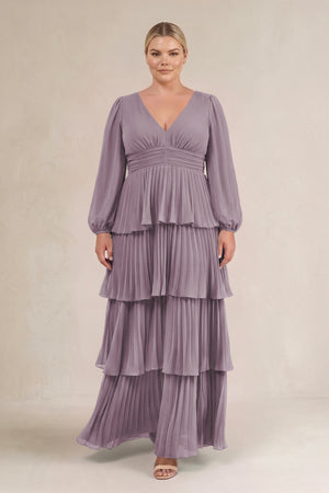 Dusk V-Neck Tiered A-Line Long Sleeve Bridesmaid Dress (3) [sizeplus] | KISSBRIDAL