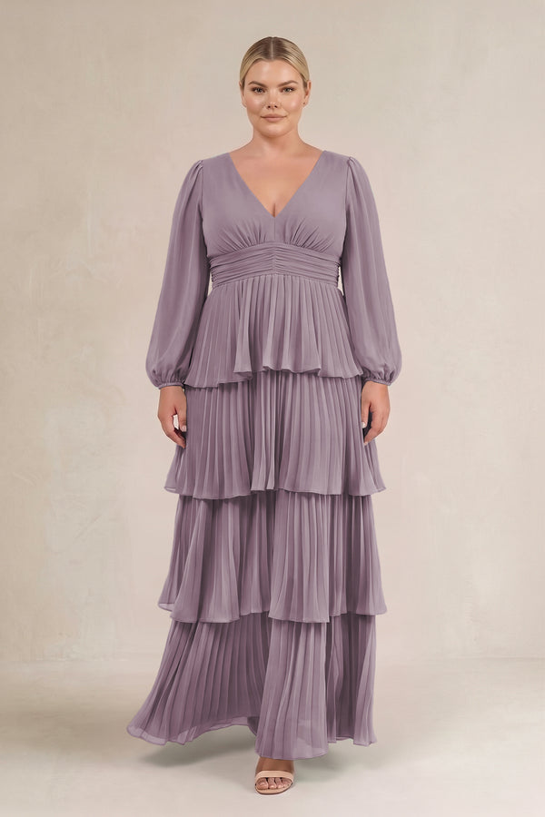 Dusk V-Neck Tiered A-Line Long Sleeve Bridesmaid Dress (3) [sizeplus] | KISSBRIDAL