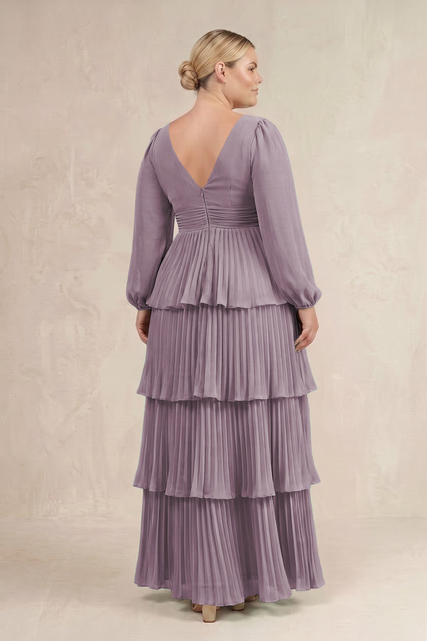 Dusk V-Neck Tiered A-Line Long Sleeve Bridesmaid Dress (4) [sizeplus] | KISSBRIDAL