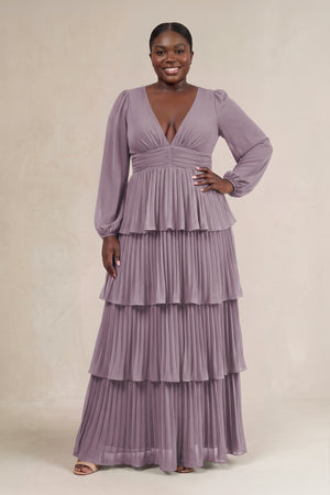 Dusk V-Neck Tiered A-Line Long Sleeve Bridesmaid Dress [sizeplus] | KISSBRIDAL
