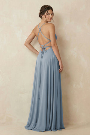 Dusty Blue A-Line Chiffon Bridesmaid Dress With Slit (2) | KISSBRIDAL