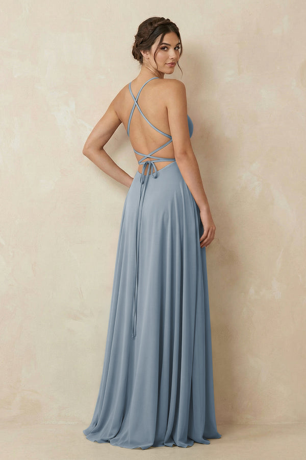 Dusty Blue A-Line Chiffon Bridesmaid Dress With Slit (2) | KISSBRIDAL