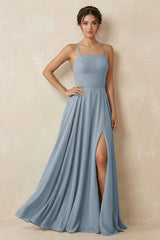 Dusty Blue A-Line Chiffon Bridesmaid Dress With Slit | KISSBRIDAL