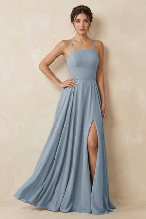 Dusty Blue A-Line Chiffon Bridesmaid Dress With Slit | KISSBRIDAL