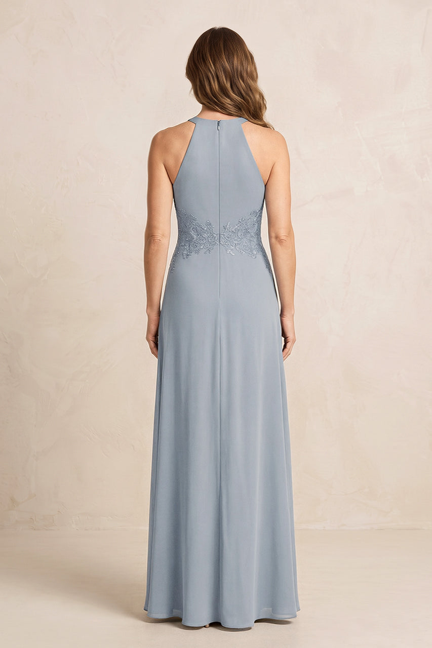 Dusty Blue A-Line Chiffon Embroidered Halter Mother of the Bride Dress